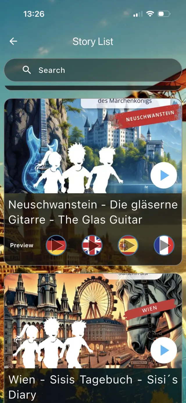 Die Geschichtenliste der Klaus-Bekker-App mit Neuschwanstein und Wien