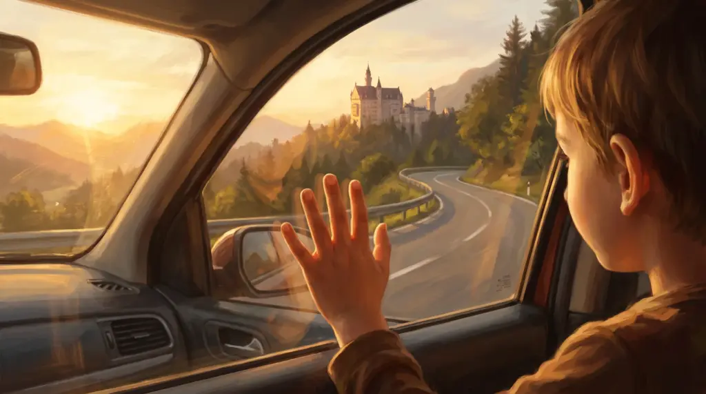 Ein Kind legt die Hand ans Autofenster und blickt auf eine Serpentine und Schloss Neuschwanstein im Abendlicht