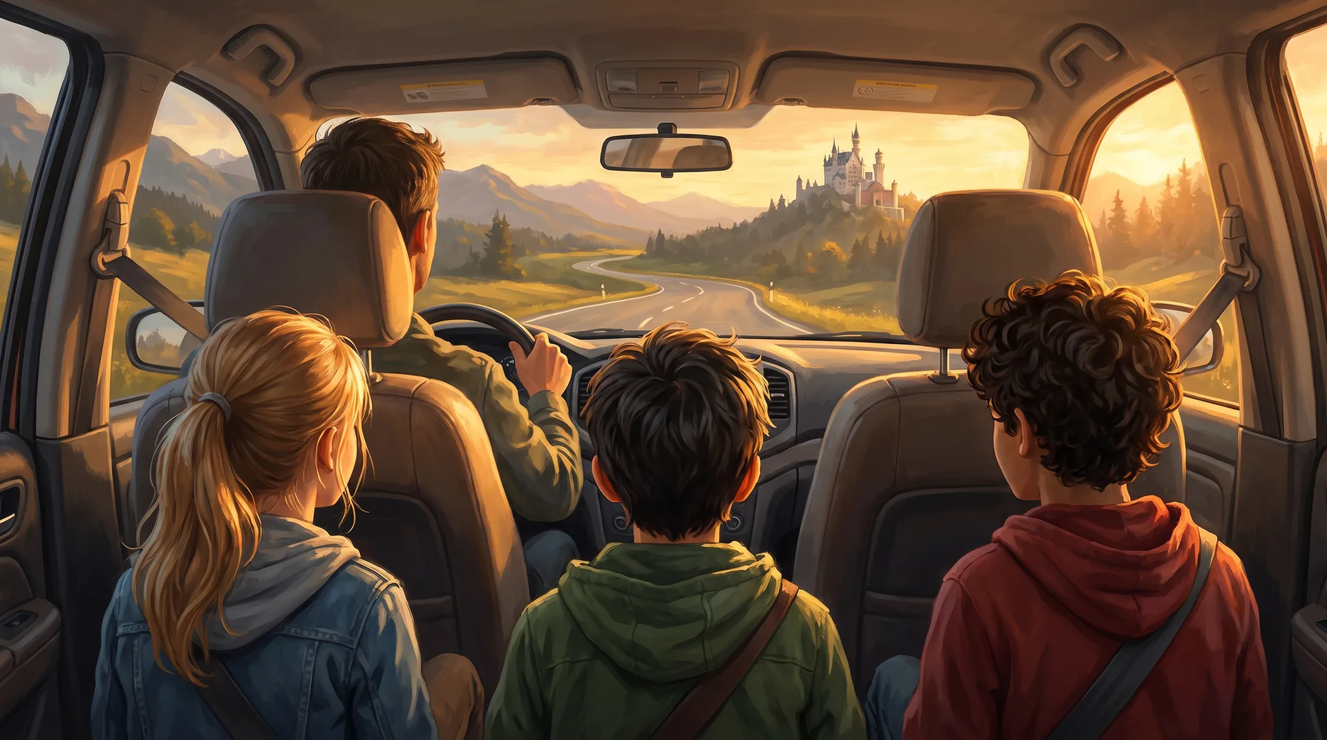 Hanna, Klaus und Fabio sitzen angeschnallt auf dem Rücksitz und blicken durch die Windschutzscheibe auf eine Landstraße und Schloss Neuschwanstein im Abendlicht