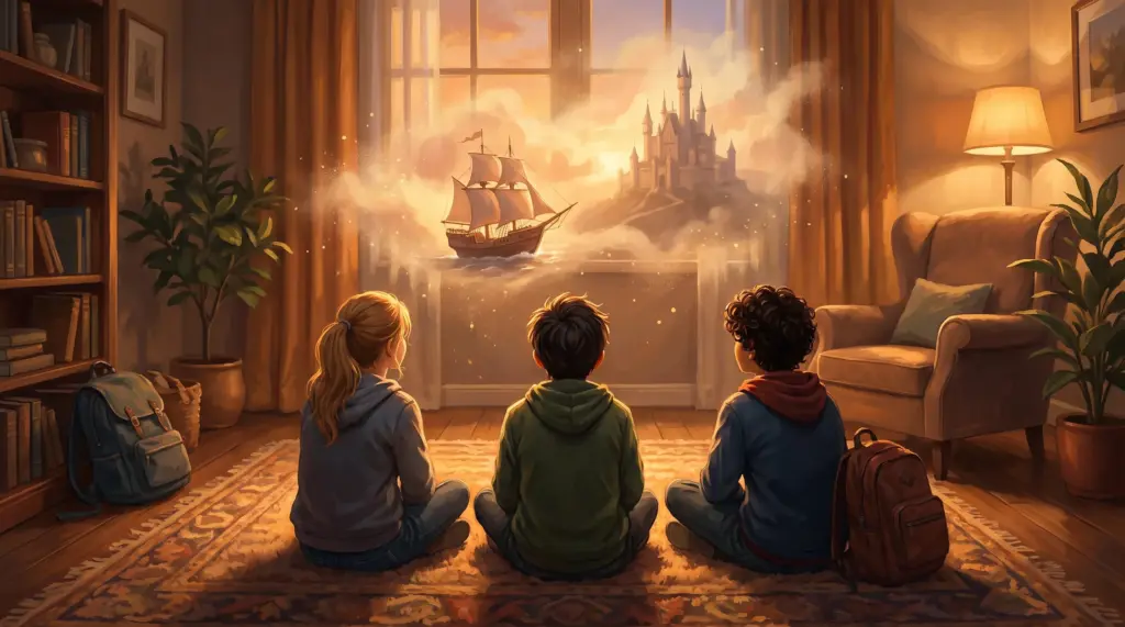 Hanna, Klaus und Fabio sitzen im Wohnzimmer auf dem Teppich und hören zu, vor ihnen entstehen aus Licht ein Segelschiff und ein Schloss