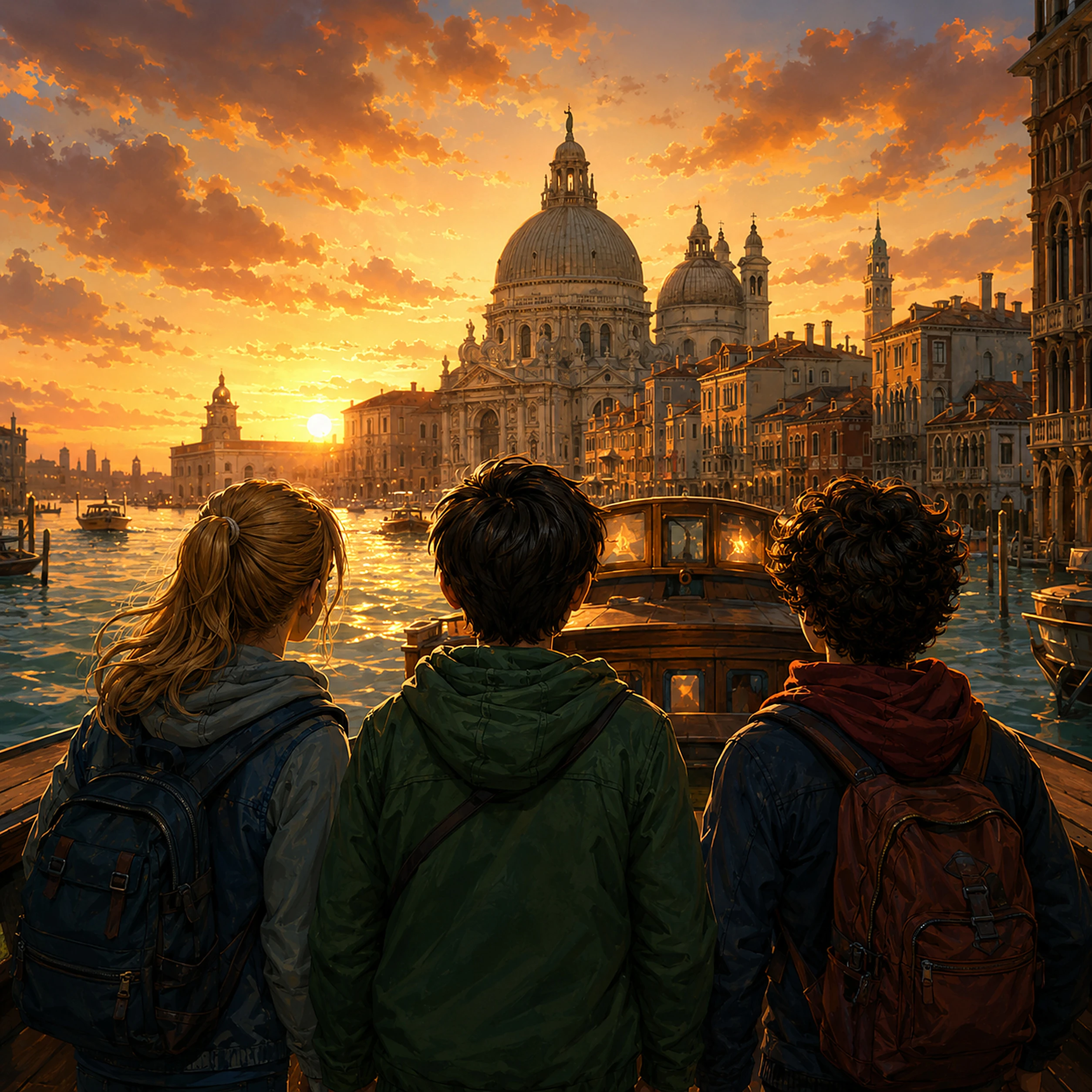 Hanna, Klaus und Fabio von hinten, sie blicken bei Sonnenuntergang auf eine Stadt am Wasser