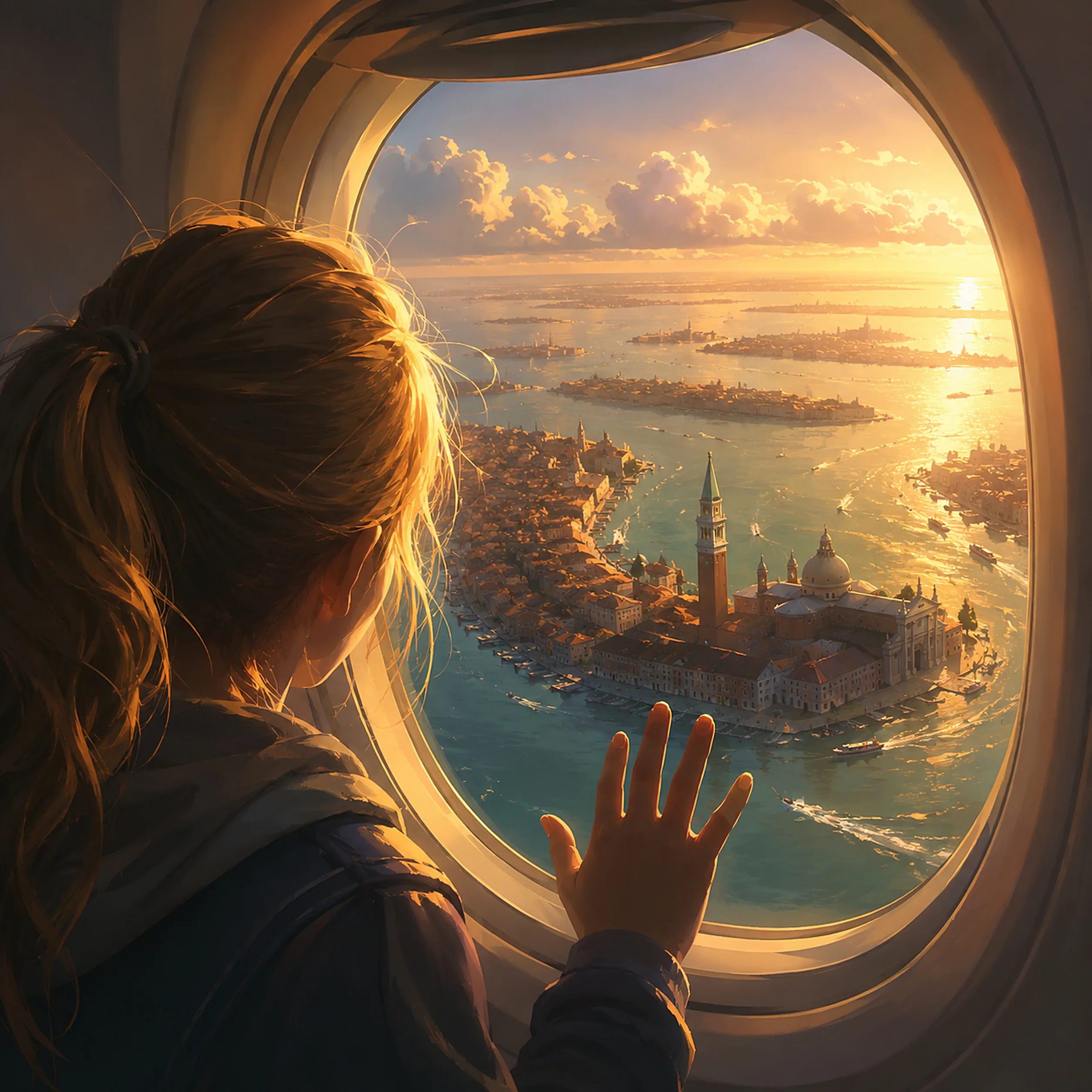 Hanna blickt aus dem Flugzeugfenster auf eine Stadt im Abendlicht