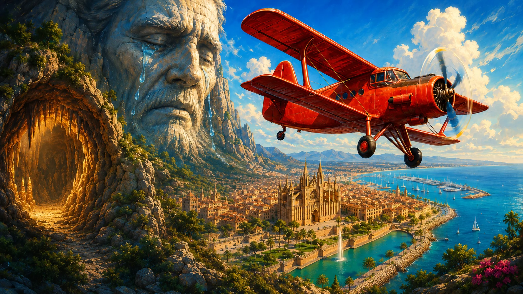 Ein roter Doppeldecker fliegt über Palma de Mallorca, daneben weint ein riesiges Gesicht aus Fels über einer leuchtenden Höhle