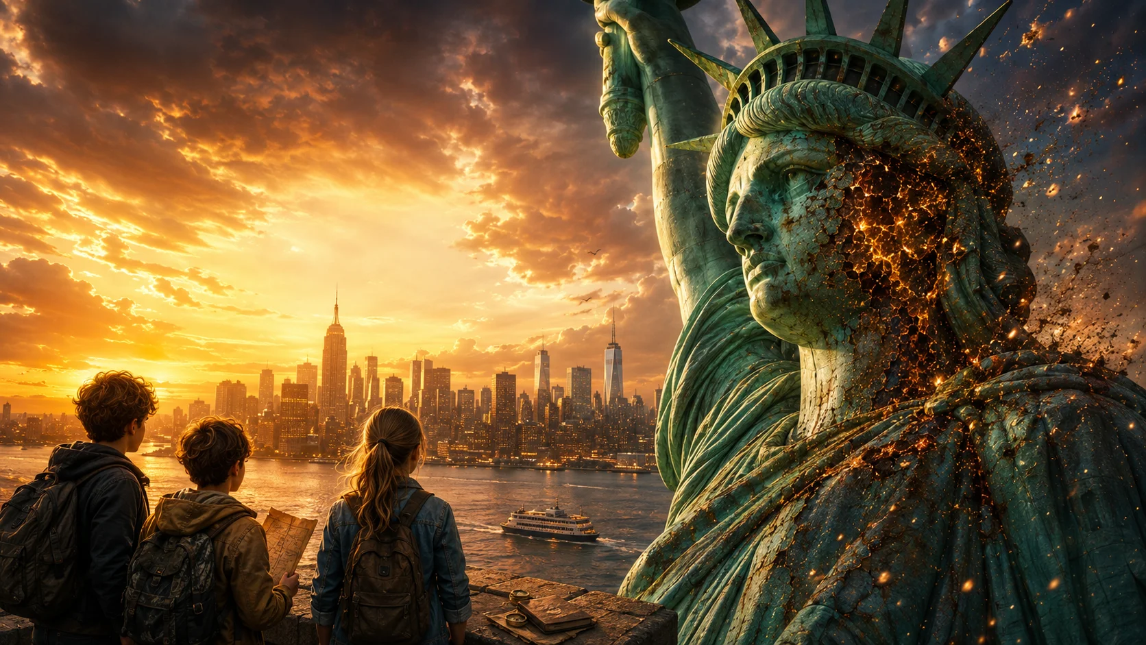Klaus, Hanna und Fabio blicken bei Sonnenuntergang über das Wasser auf Manhattan, daneben bröckelt das rostige Gesicht der Freiheitsstatue