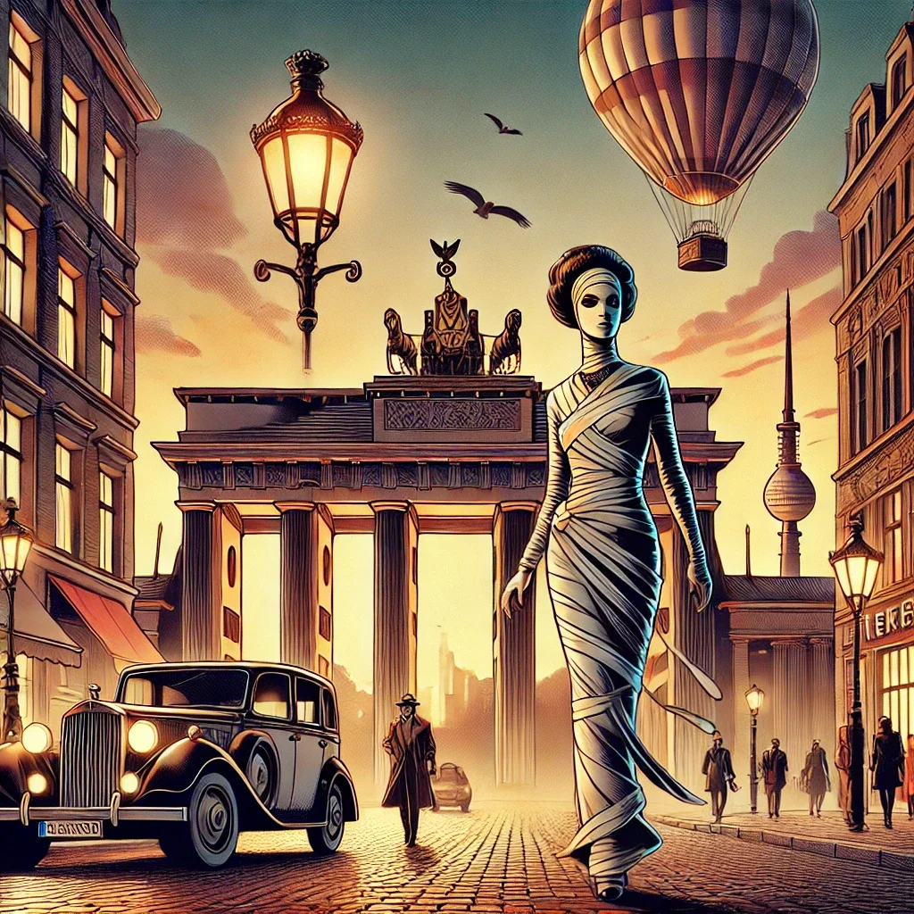 Eine Mumie in Bandagen schreitet über das Pflaster vor dem Brandenburger Tor, darüber ein Heißluftballon und eine Straßenlaterne