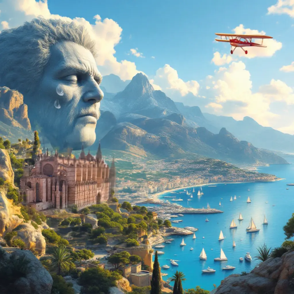 Ein riesiges steinernes Gesicht weint über der Küste Mallorcas, darunter die Kathedrale von Palma und Segelboote, am Himmel ein roter Doppeldecker