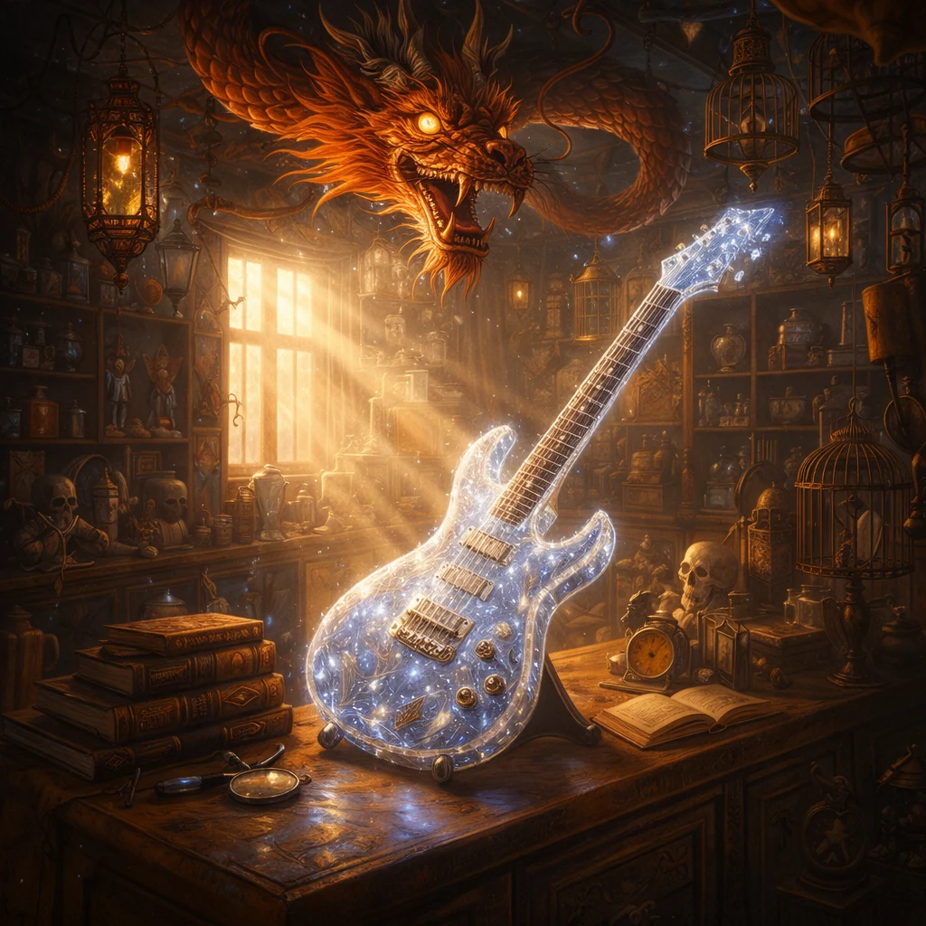 Eine leuchtende gläserne E-Gitarre auf einem alten Schreibtisch zwischen Büchern, Laternen und Uhren, über ihr ein Drache
