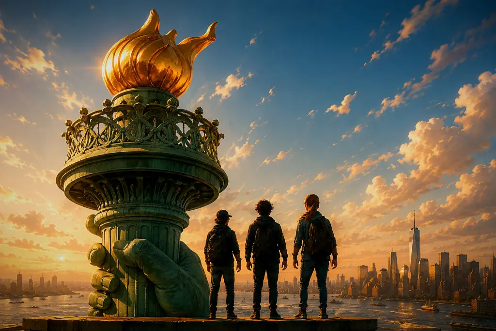 Klaus, Hanna und Fabio stehen bei Sonnenuntergang an der Fackel der Freiheitsstatue und blicken auf Manhattan