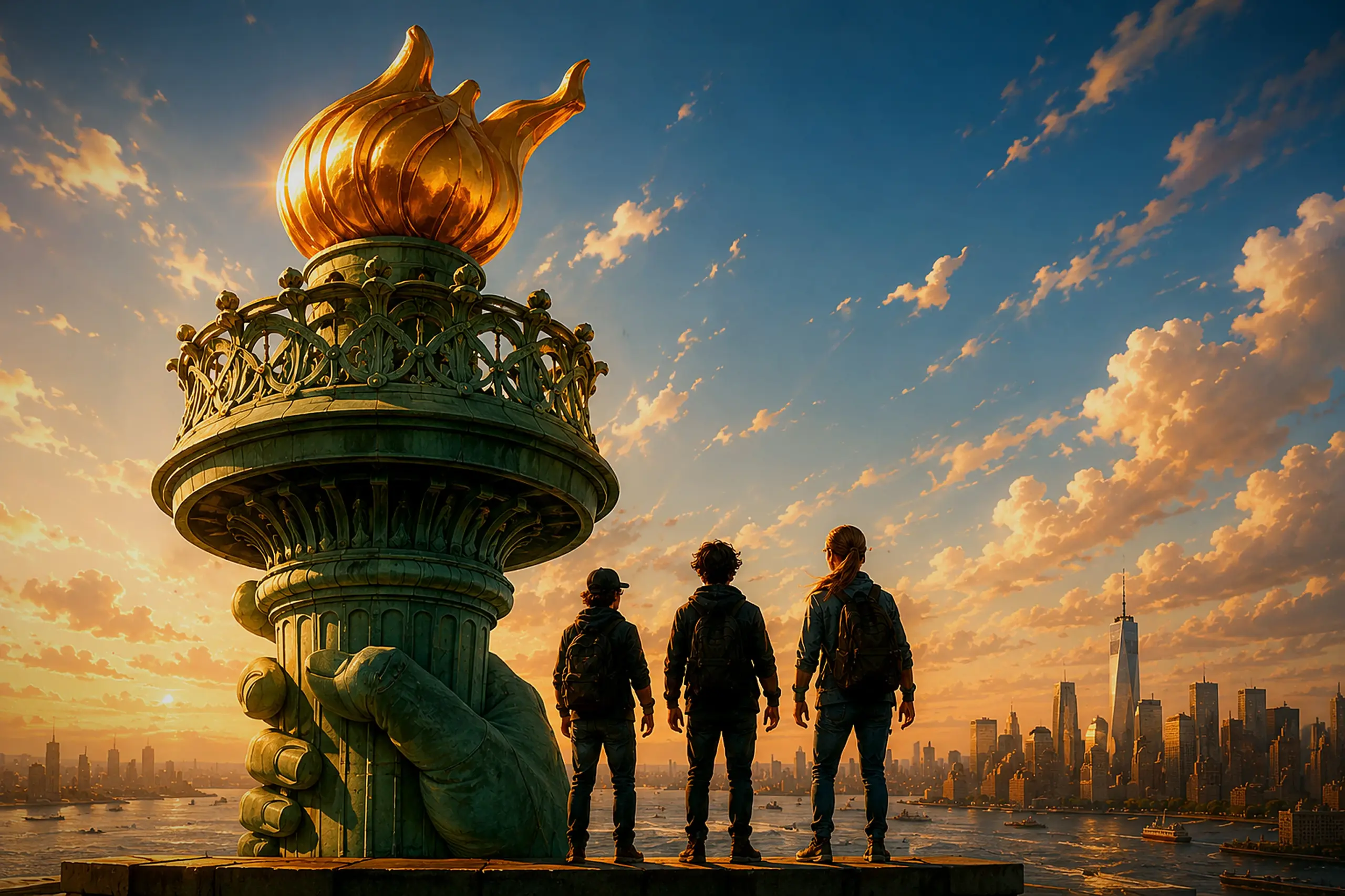 Klaus, Hanna und Fabio stehen bei Sonnenuntergang an der Fackel der Freiheitsstatue und blicken auf Manhattan